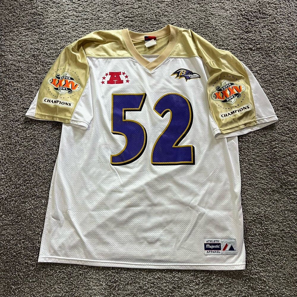 Majestic Baltimore Ravens Ray Lewis Super Bowl 35 Jersey White Gold Mens XL USA